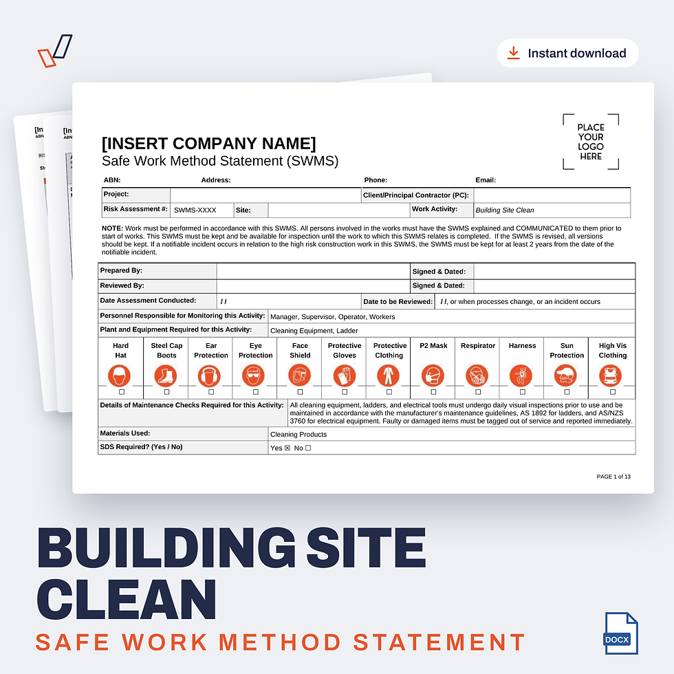 Building Site Clean SWMS editable Word template cover, Everything OHS