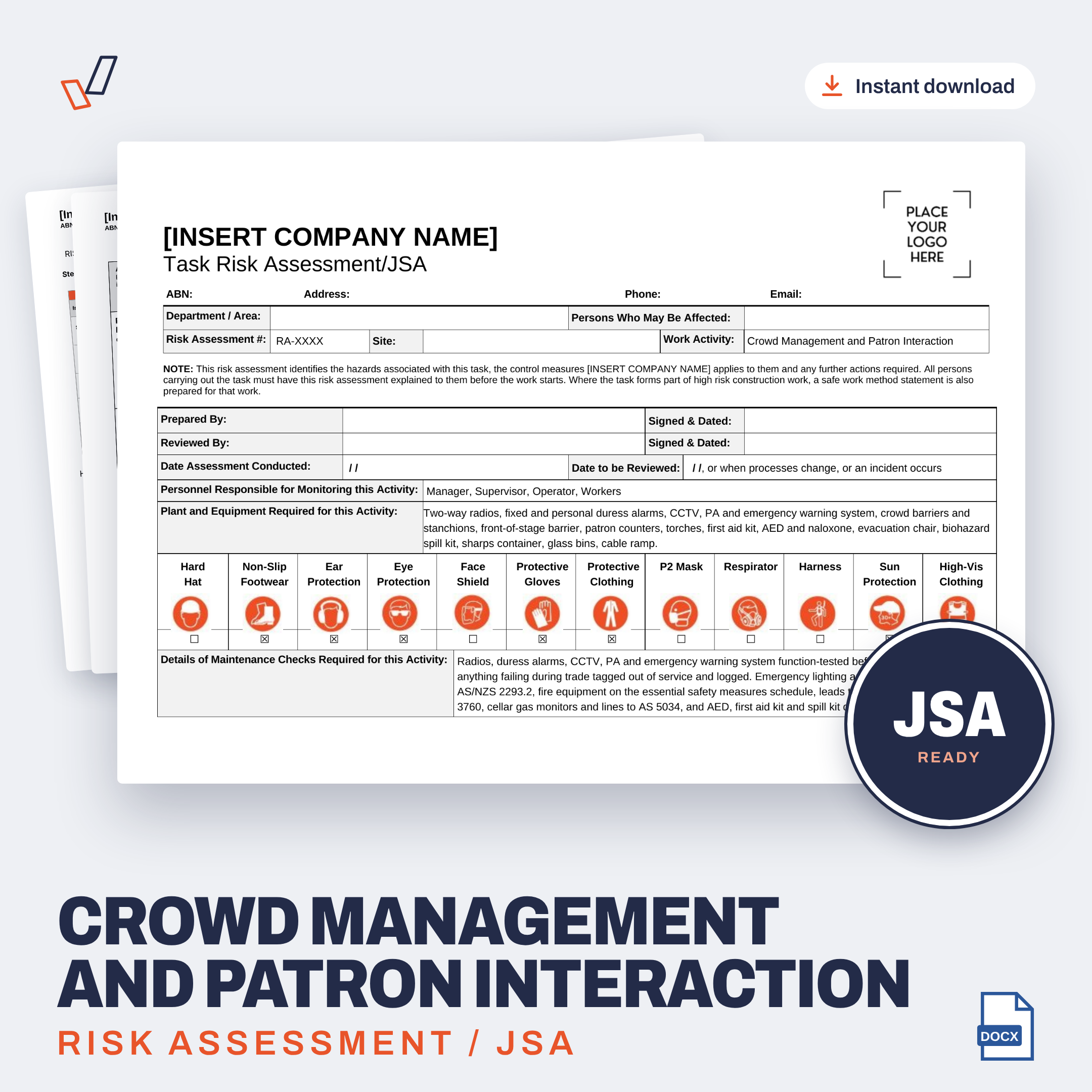 Crowd Management and Patron Interaction Risk Assessment/JSA editable Word template cover, Everything OHS