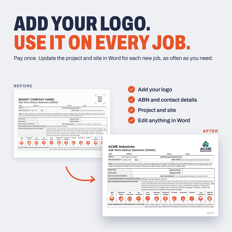 Thumbnail: Add your logo and business details to the Termite Treatment and Soil Chemical Barrier SWMS