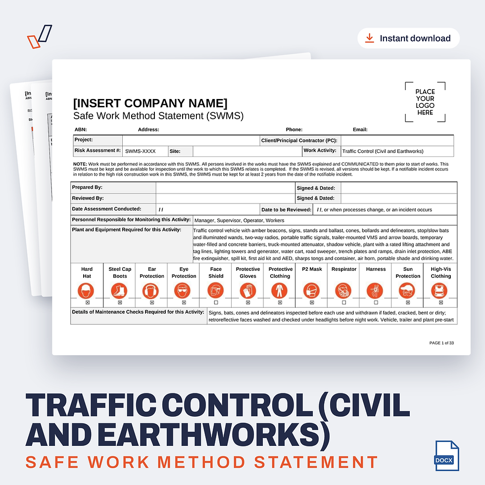 Traffic Control (Civil and Earthworks) SWMS editable Word template cover, Everything OHS