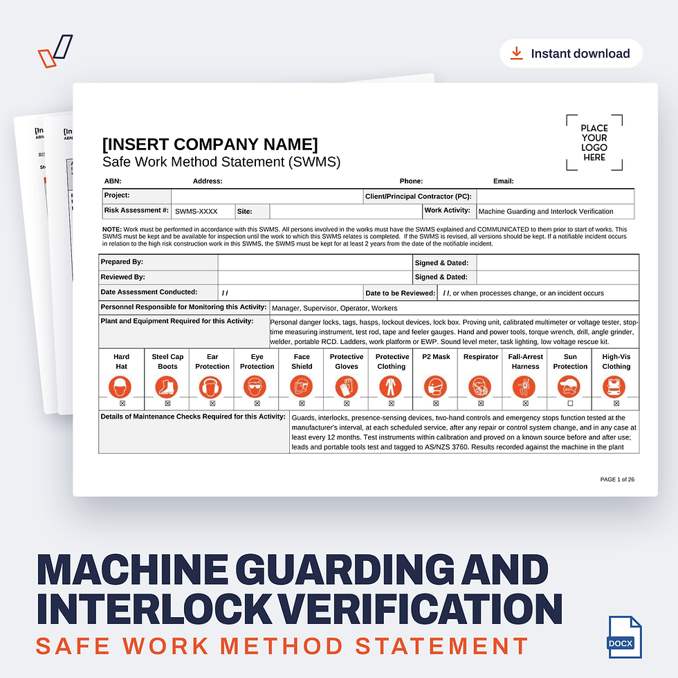 Machine Guarding and Interlock Verification SWMS editable Word template cover, Everything OHS