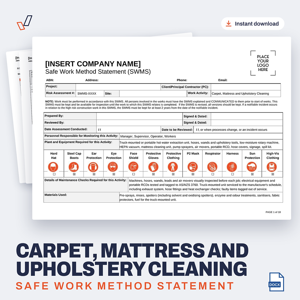 Carpet, Mattress and Upholstery Cleaning SWMS editable Word template cover, Everything OHS