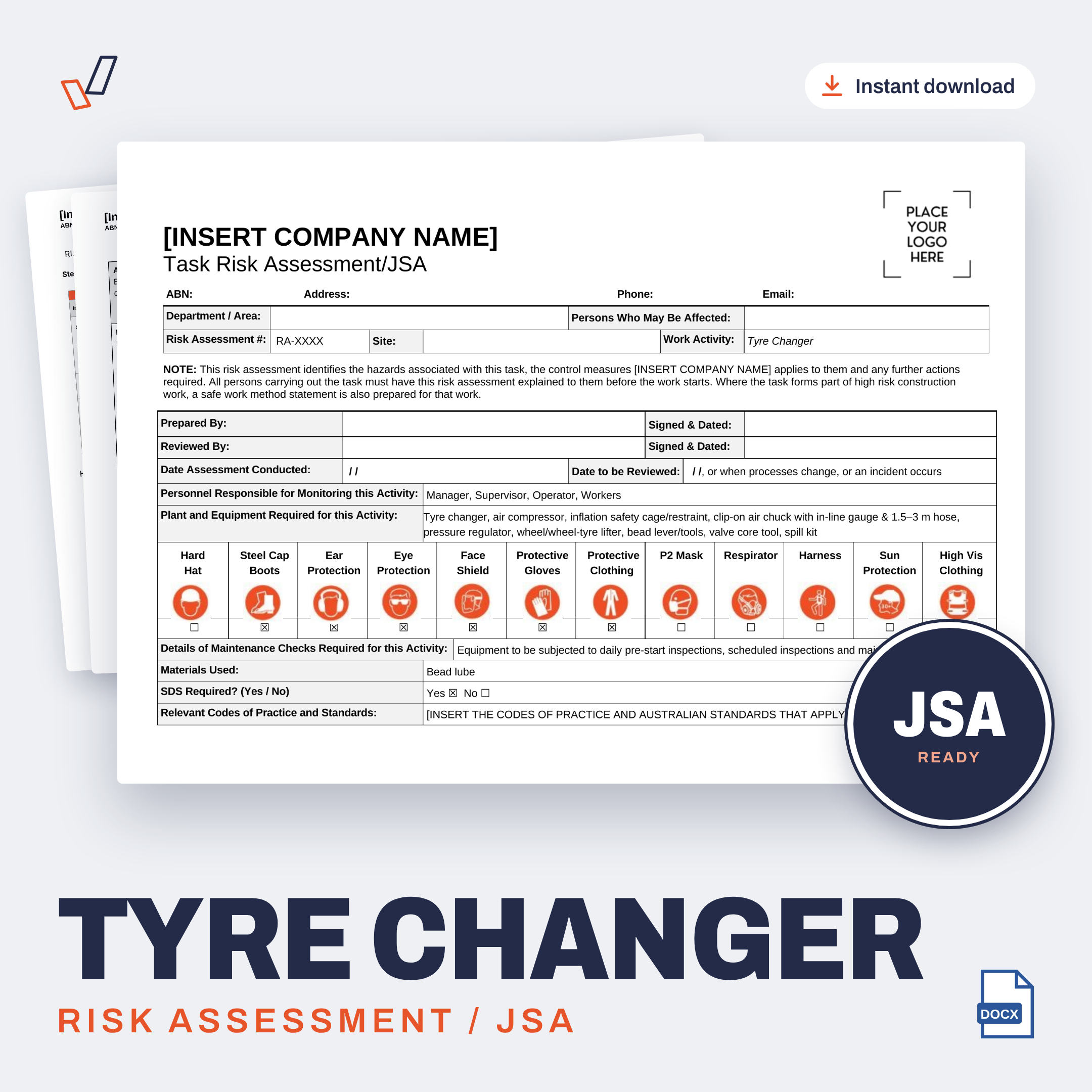 Tyre Changer Risk Assessment/JSA editable Word template cover, Everything OHS