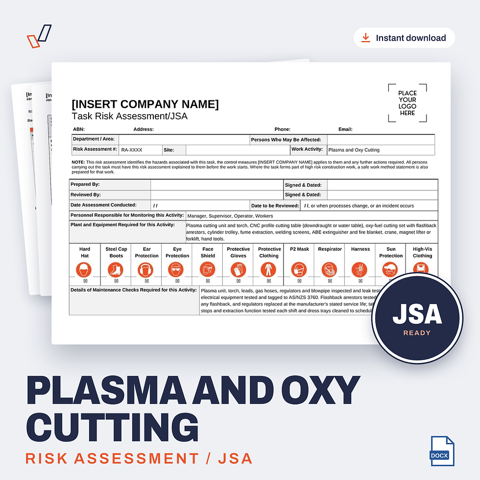 Plasma and Oxy Cutting Risk Assessment/JSA editable Word template cover, Everything OHS