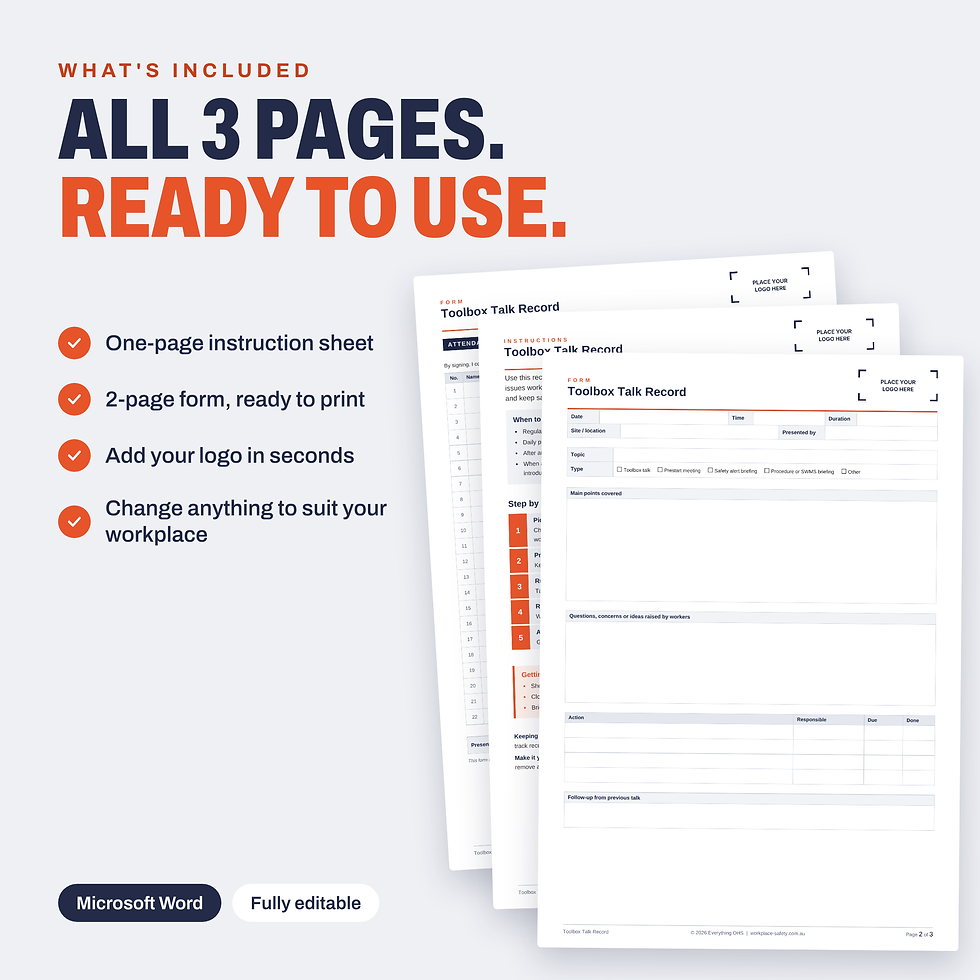 All 3 pages of the free Toolbox Talk Record template, including the instruction sheet