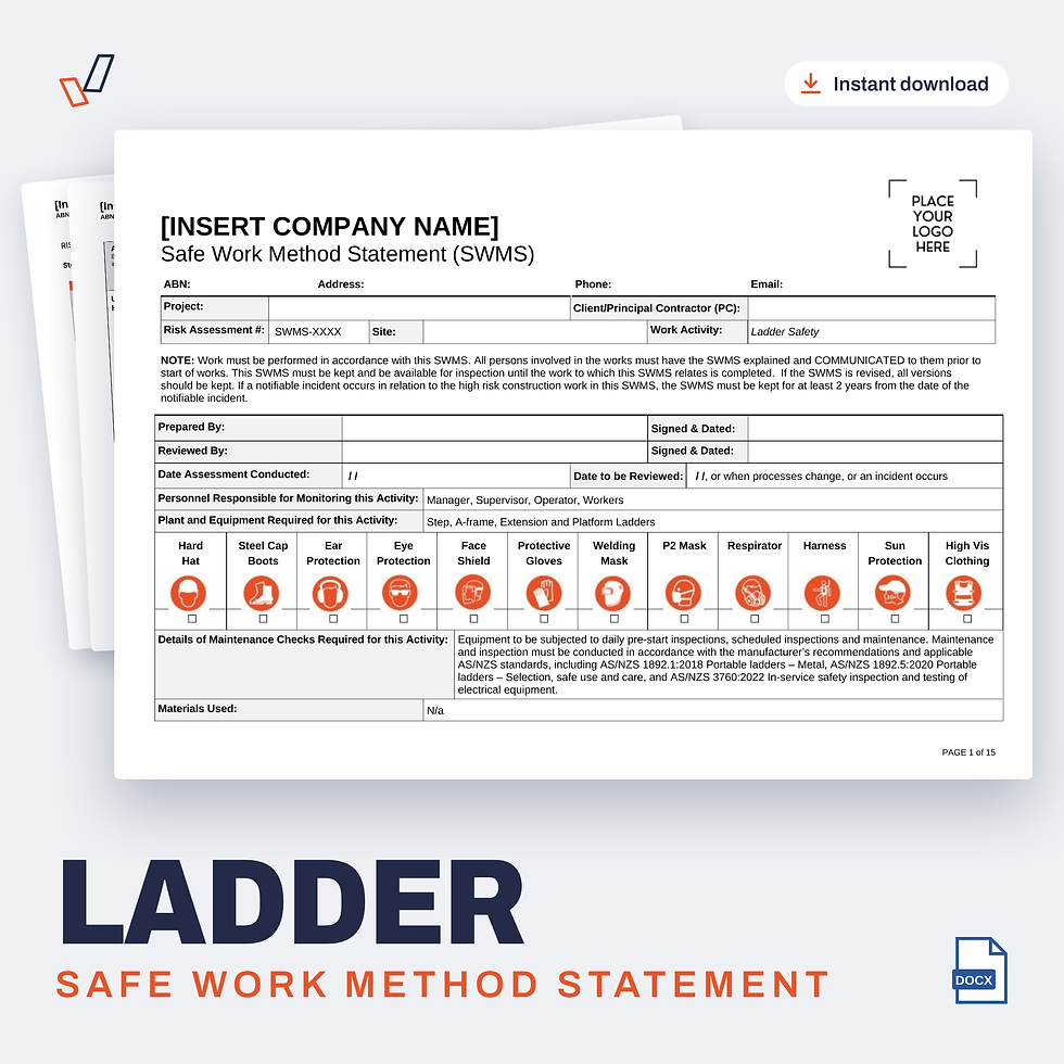Ladder SWMS editable Word template cover, Everything OHS