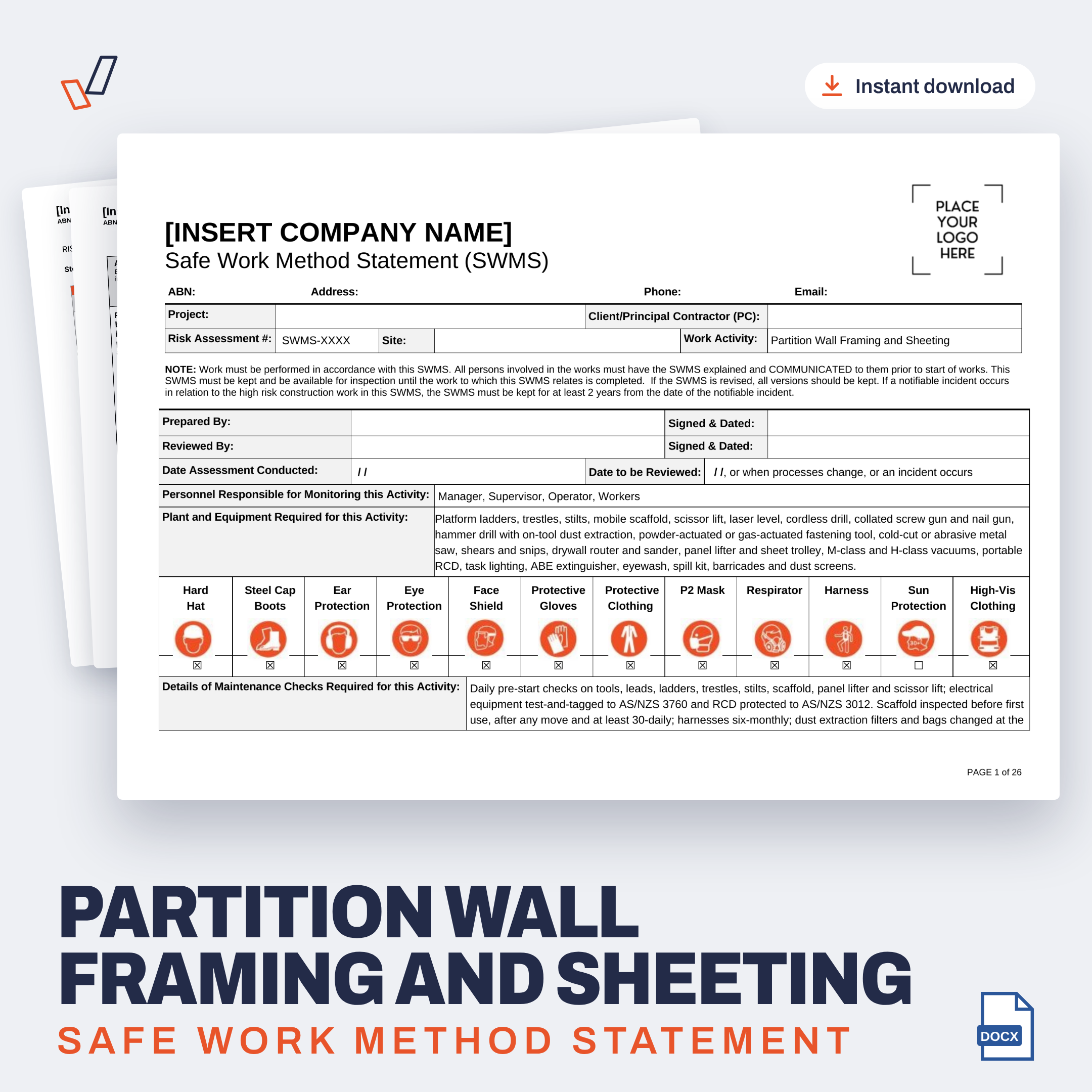 Partition Wall Framing and Sheeting SWMS editable Word template cover, Everything OHS