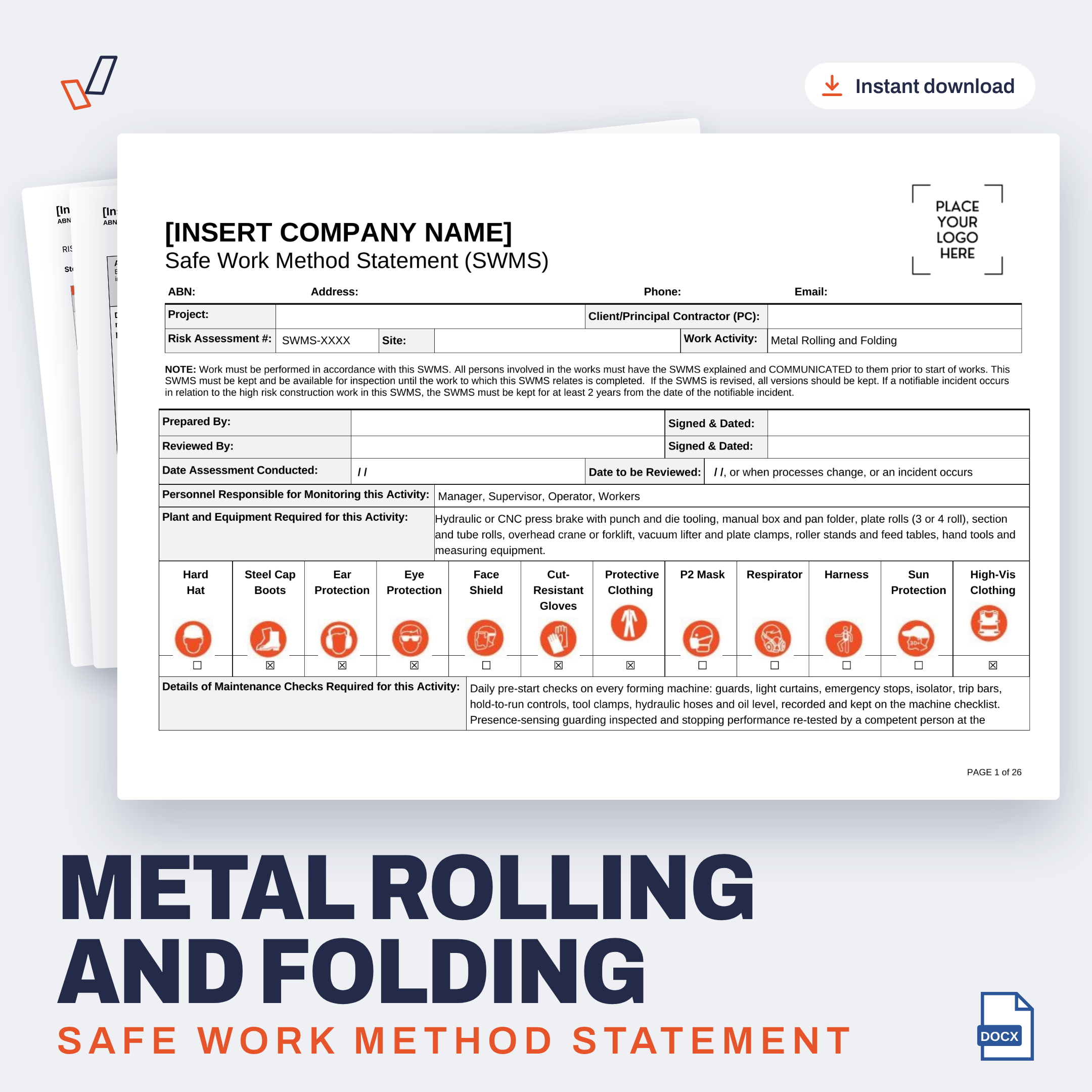 Metal Rolling and Folding SWMS editable Word template cover, Everything OHS