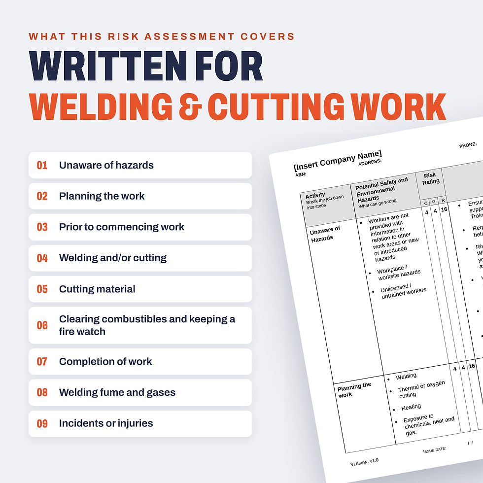 Work activities covered in the Welding & Cutting Risk Assessment/JSA