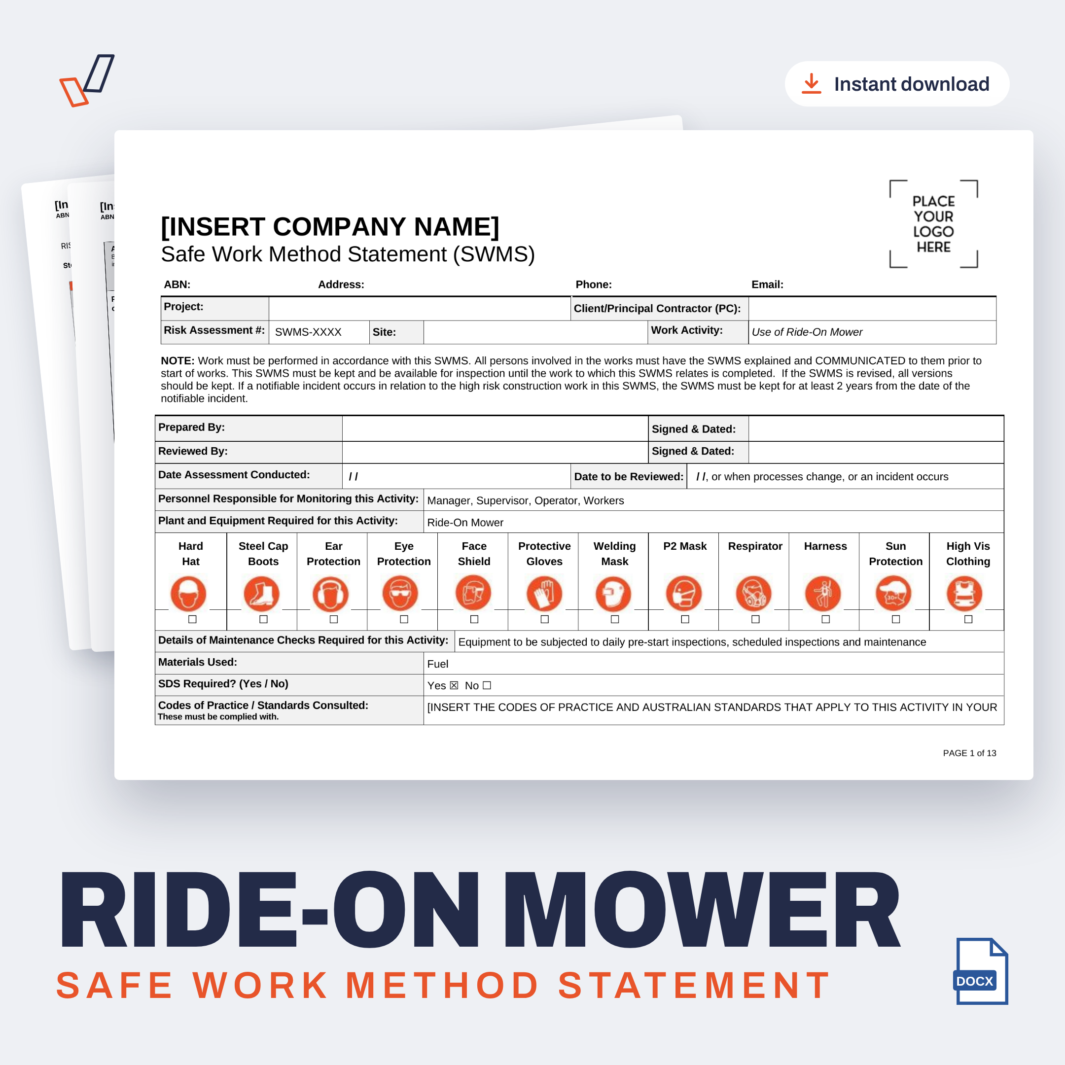 Ride-On Mower SWMS editable Word template cover, Everything OHS