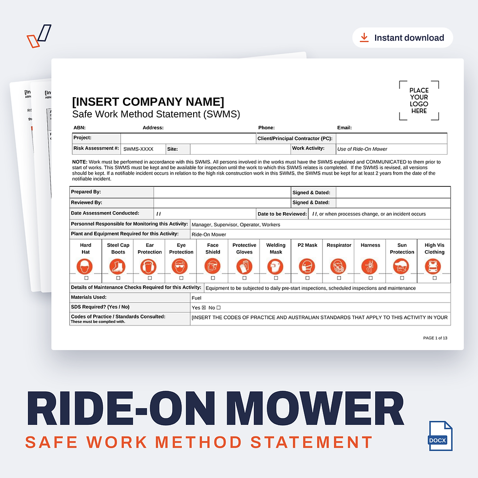 Ride-On Mower SWMS editable Word template cover, Everything OHS