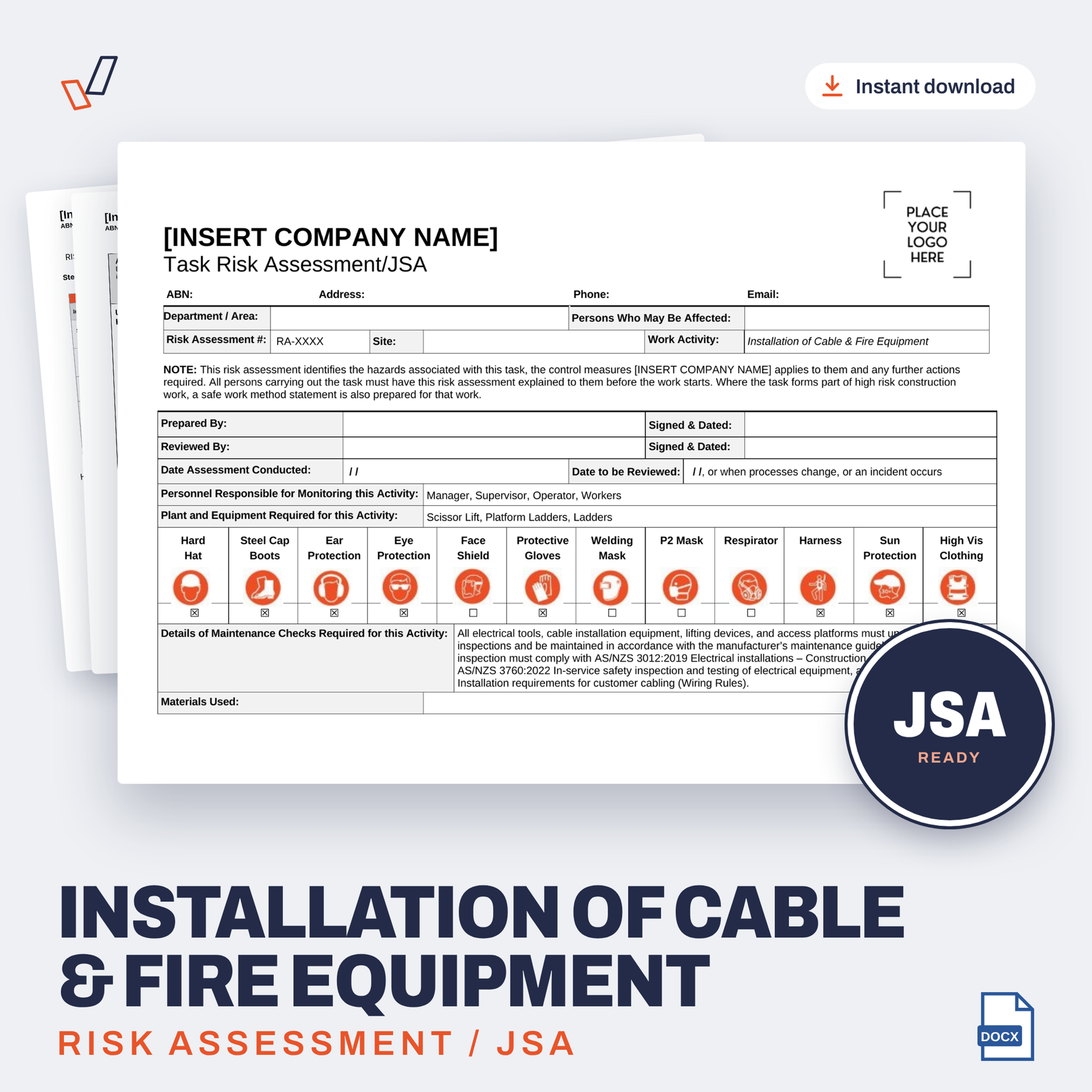 Installation of Cable & Fire Equipment Risk Assessment/JSA editable Word template cover, Everything OHS