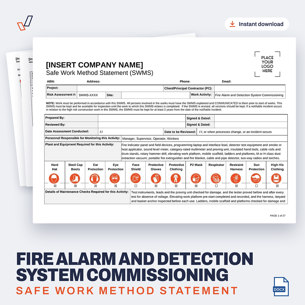 Fire Alarm and Detection System Commissioning SWMS editable Word template cover, Everything OHS