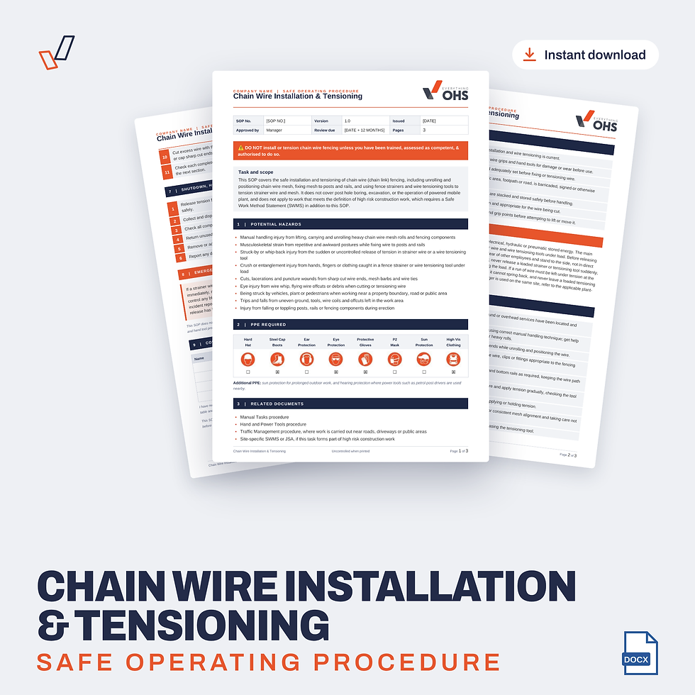 Chain Wire Installation & Tensioning SOP editable Word template cover, Everything OHS