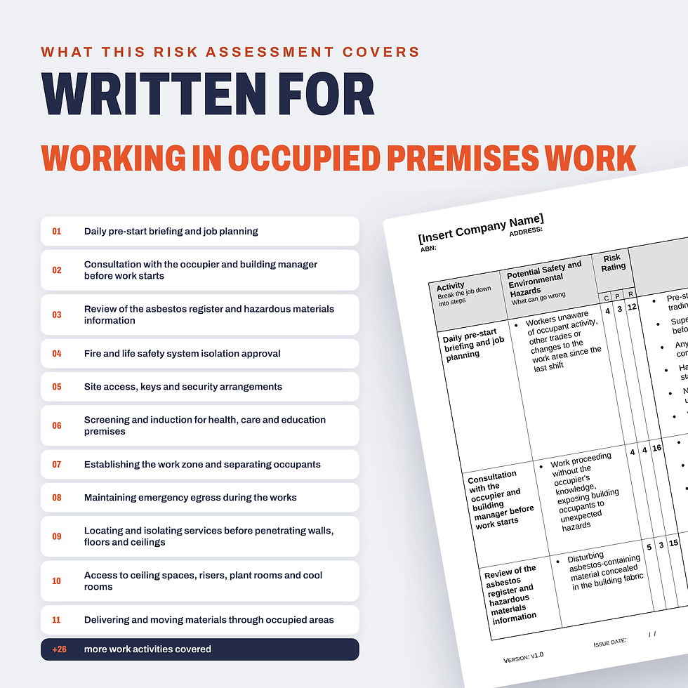 Work activities covered in the Working in Occupied Premises Risk Assessment/JSA