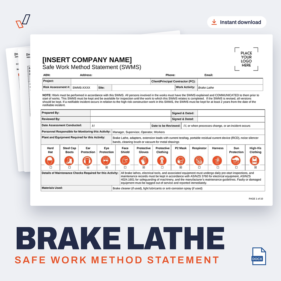 Brake Lathe SWMS editable Word template cover, Everything OHS