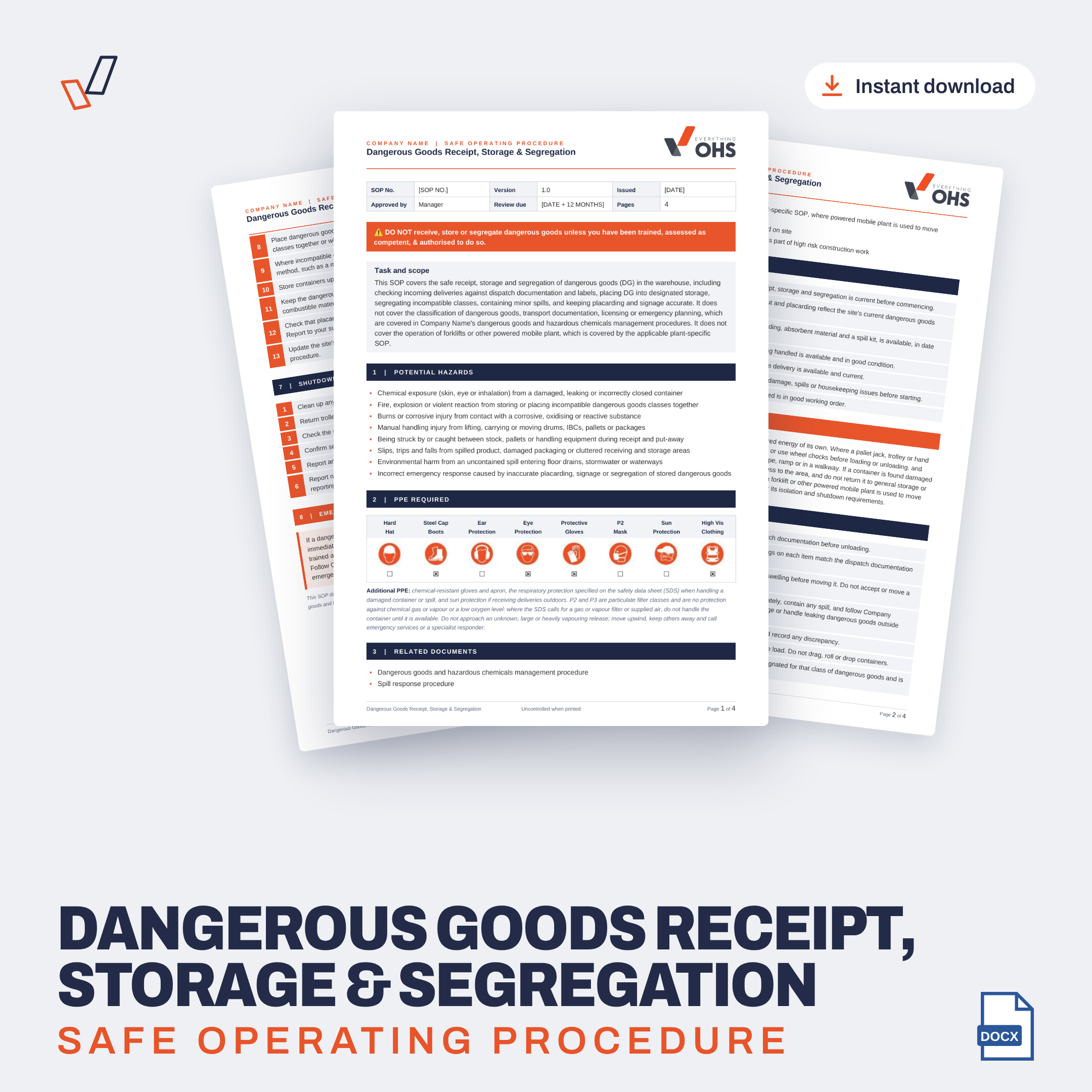 Dangerous Goods Receipt, Storage & Segregation SOP editable Word template cover, Everything OHS