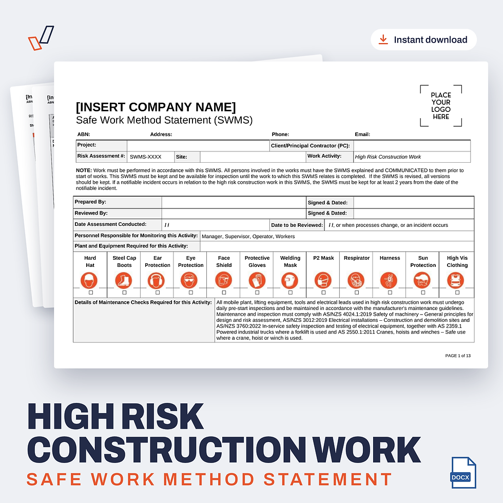 High Risk Construction Work SWMS editable Word template cover, Everything OHS