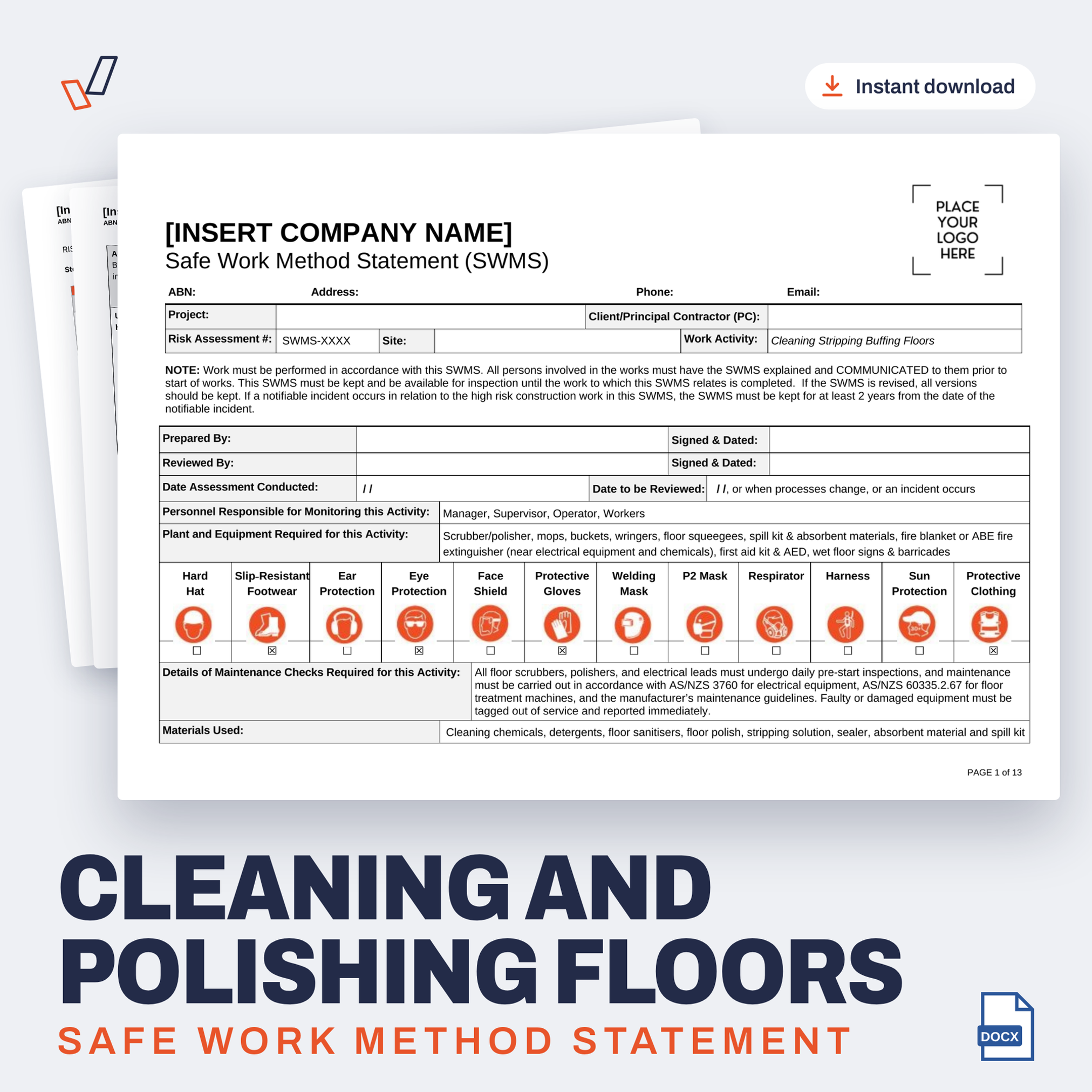 Cleaning and Polishing Floors SWMS editable Word template cover, Everything OHS