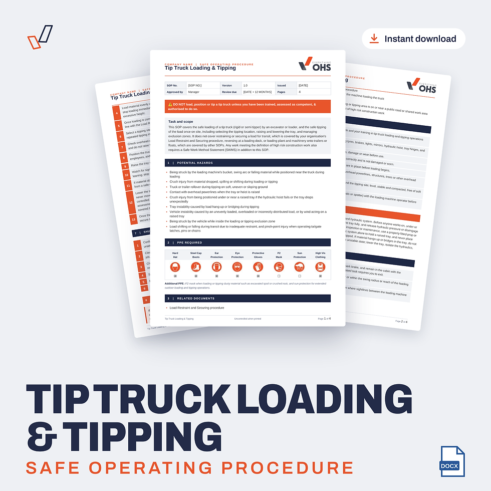Tip Truck Loading & Tipping SOP editable Word template cover, Everything OHS