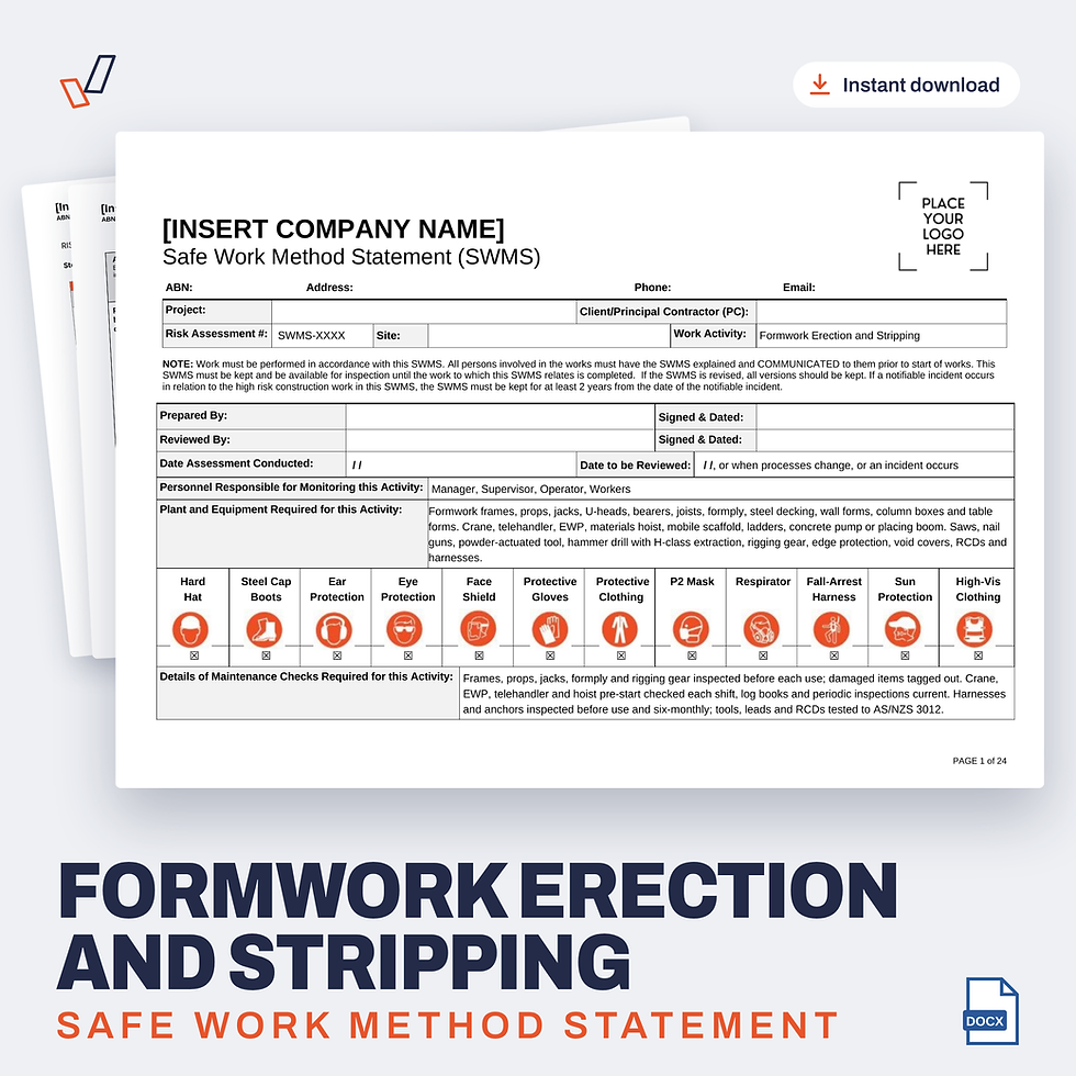 Formwork Erection and Stripping SWMS editable Word template cover, Everything OHS