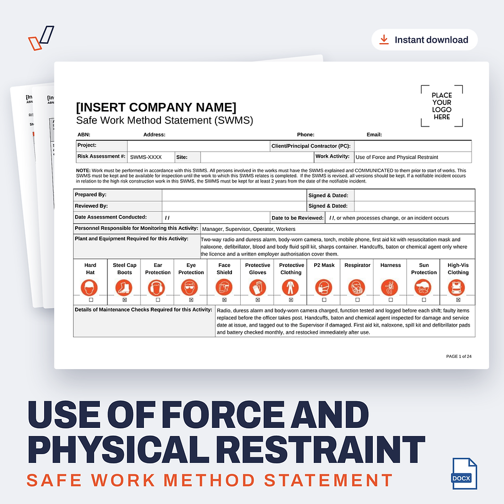 Use of Force and Physical Restraint SWMS editable Word template cover, Everything OHS