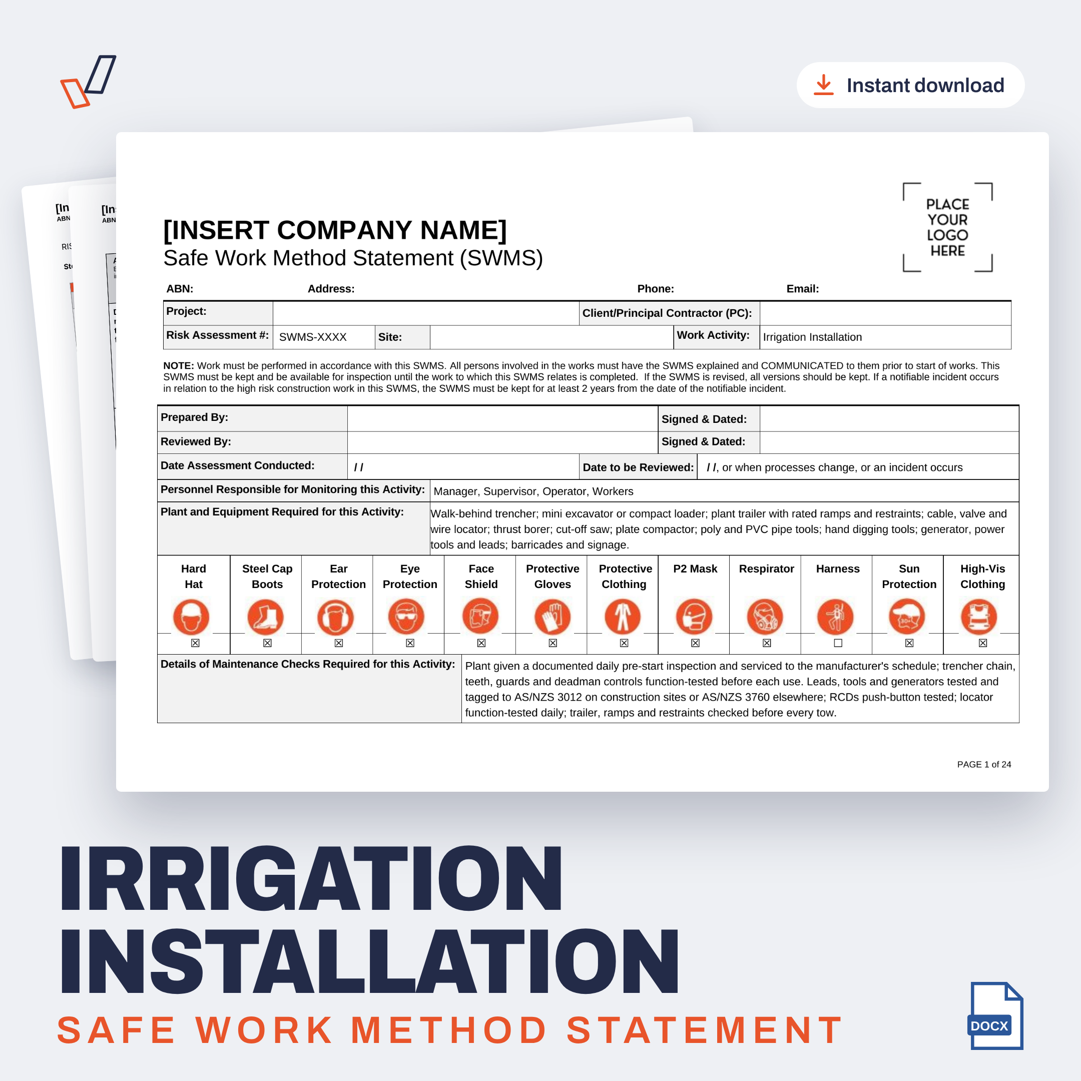 Irrigation Installation SWMS editable Word template cover, Everything OHS