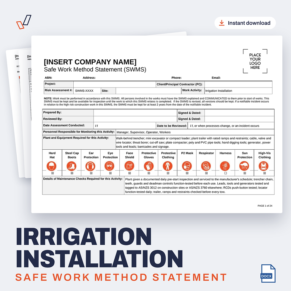 Irrigation Installation SWMS editable Word template cover, Everything OHS