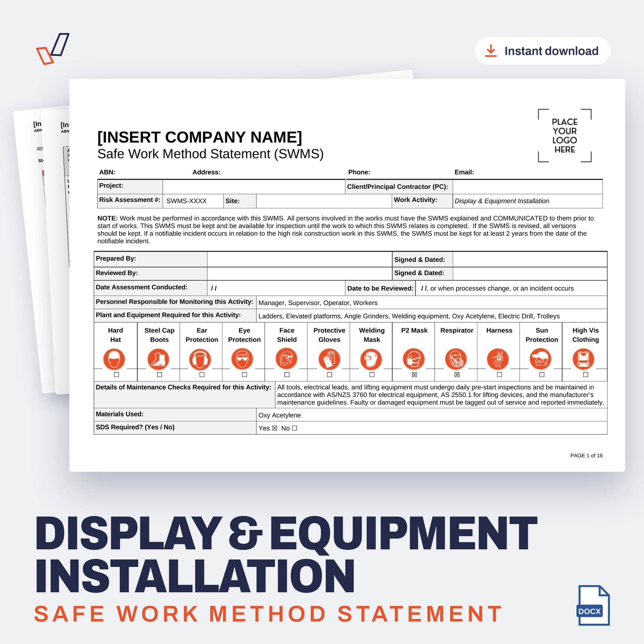 Display & Equipment Installation SWMS editable Word template cover, Everything OHS