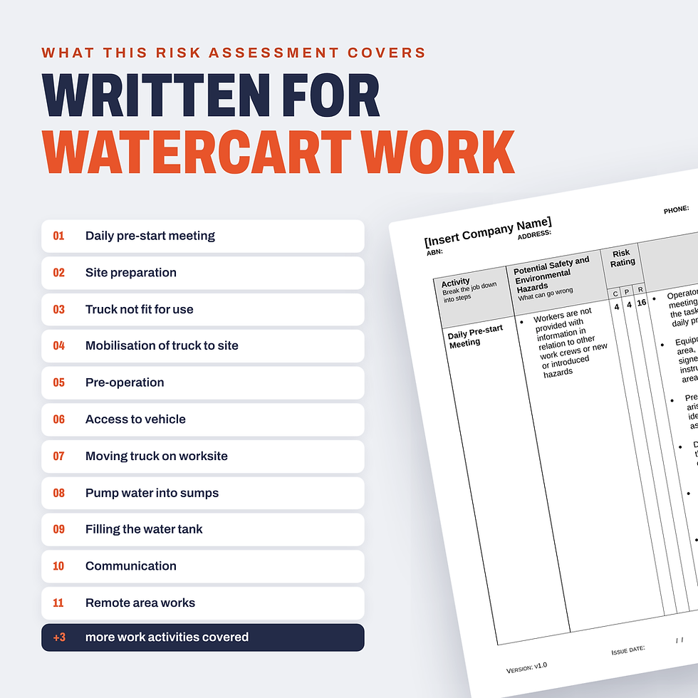 Work activities covered in the Watercart Risk Assessment/JSA