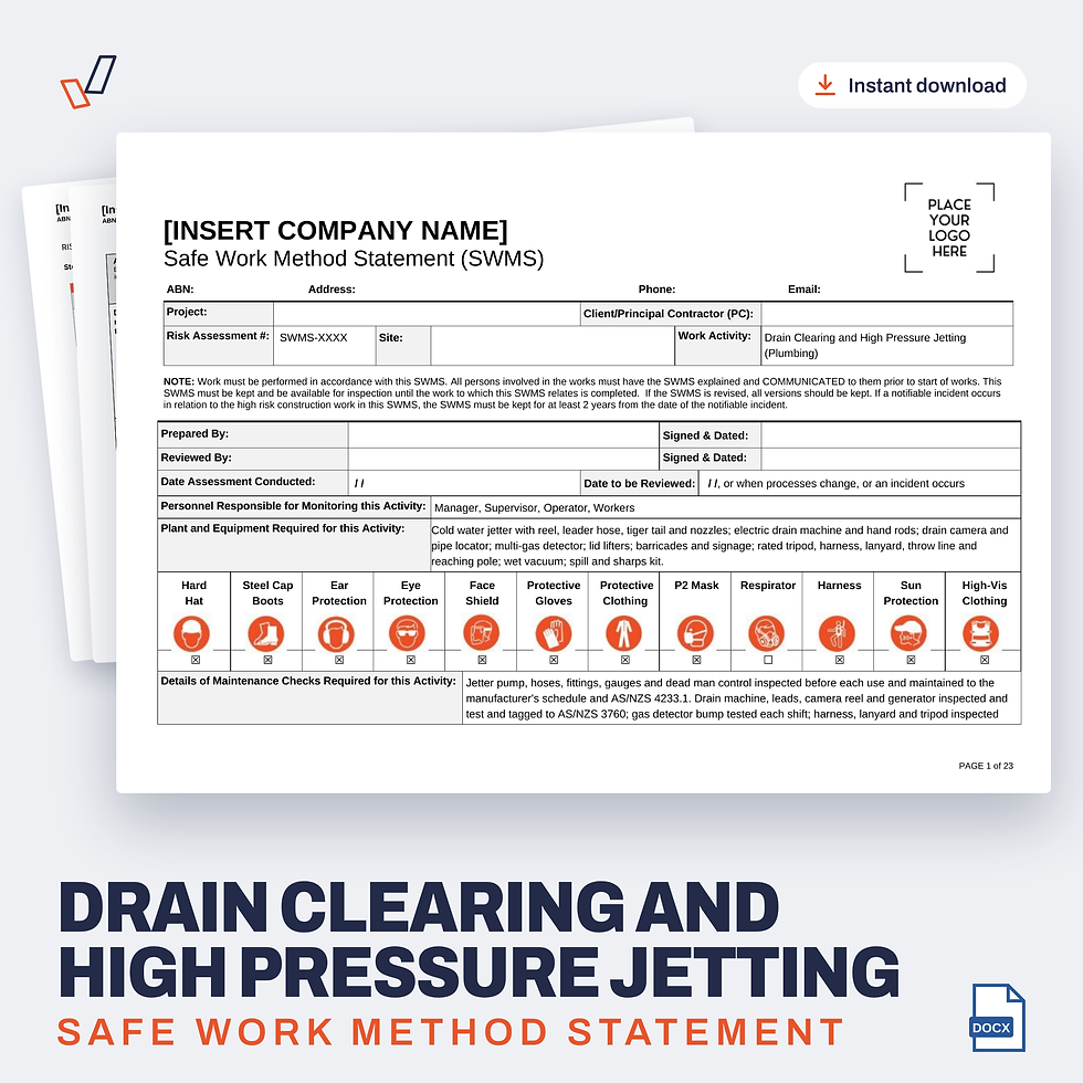 Drain Clearing and High Pressure Jetting SWMS editable Word template cover, Everything OHS