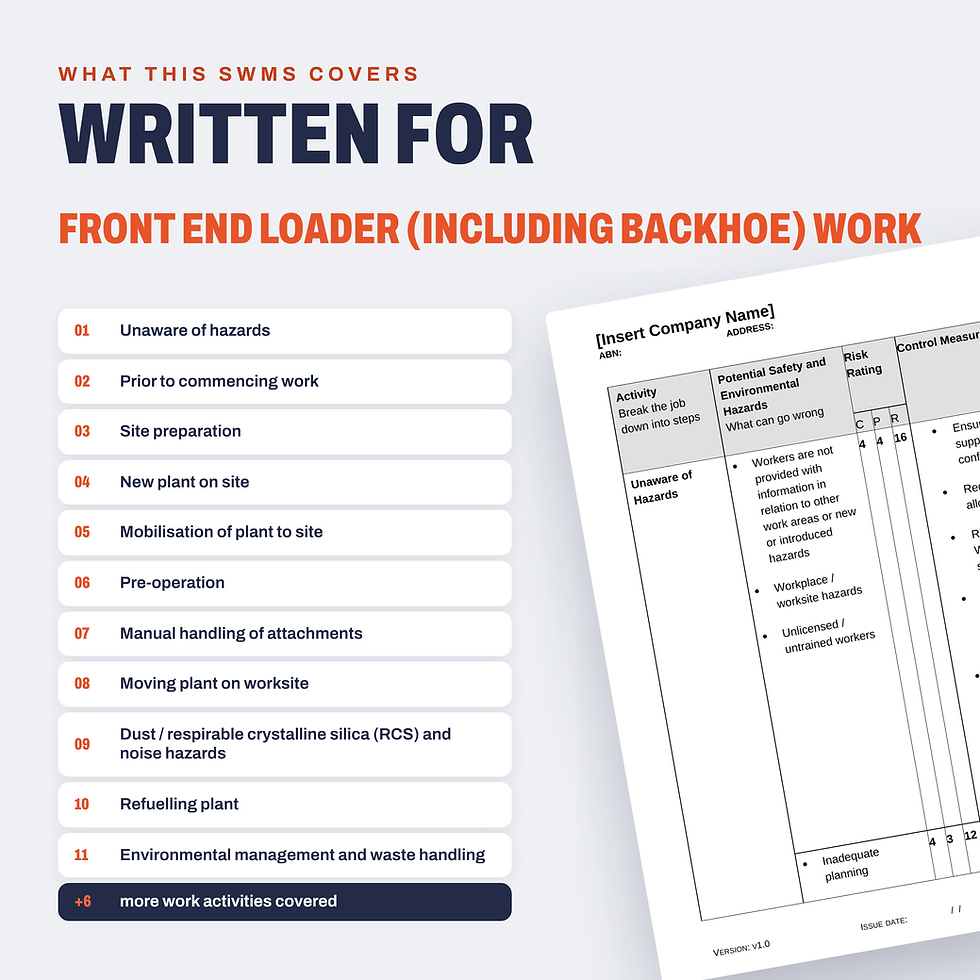 Work activities covered in the Front End Loader (including Backhoe) SWMS