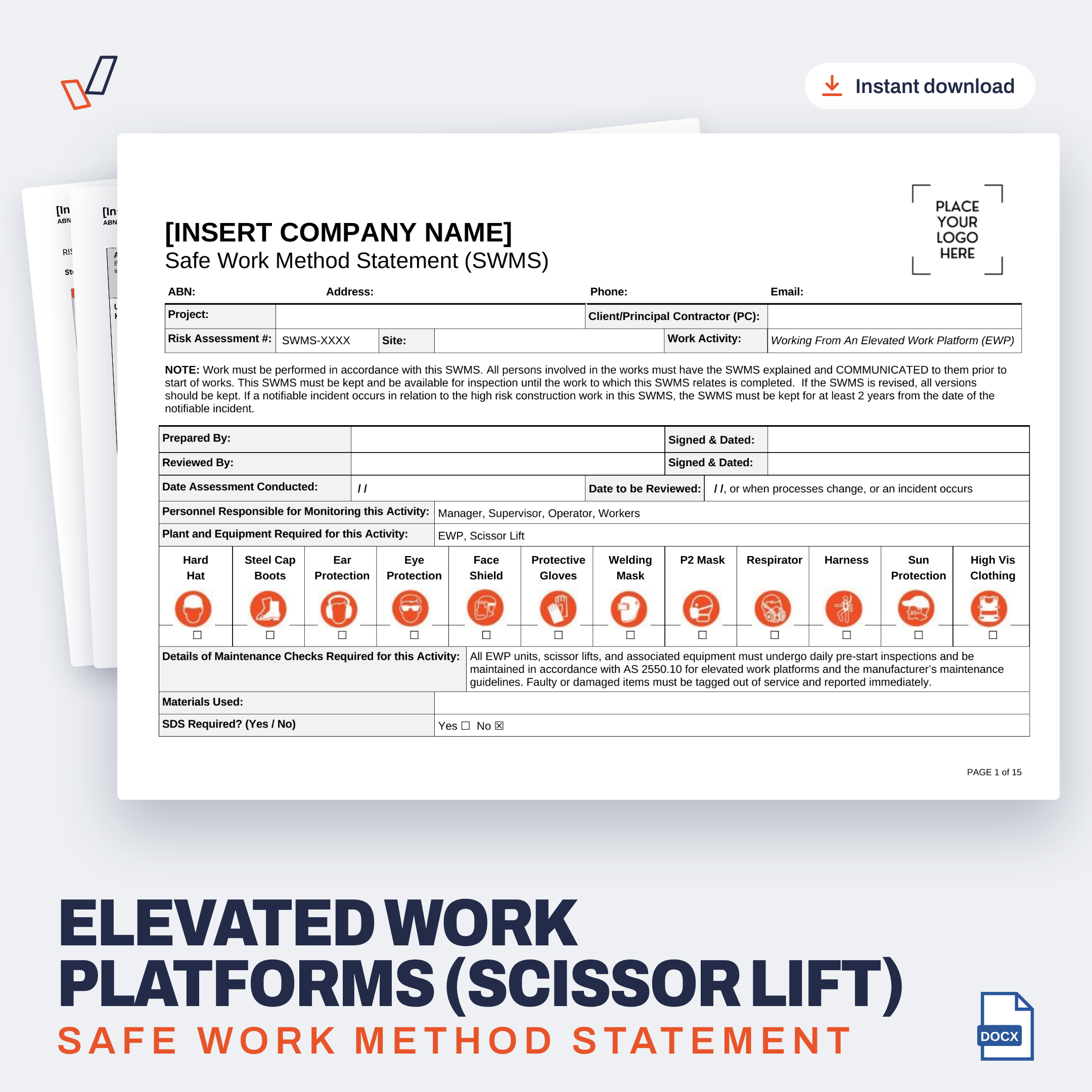 Elevated Work Platforms (Scissor Lift) SWMS editable Word template cover, Everything OHS