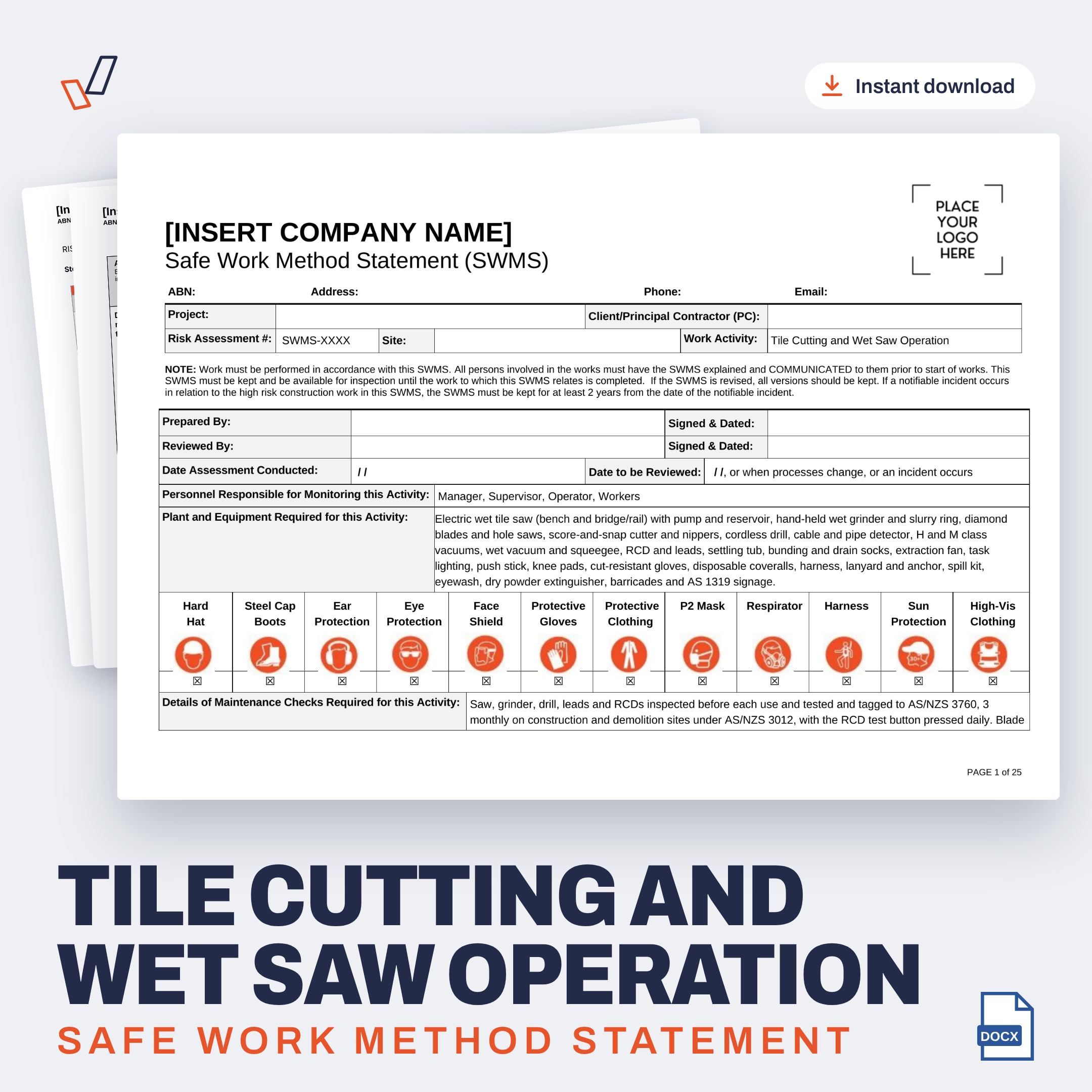 Tile Cutting and Wet Saw Operation SWMS editable Word template cover, Everything OHS