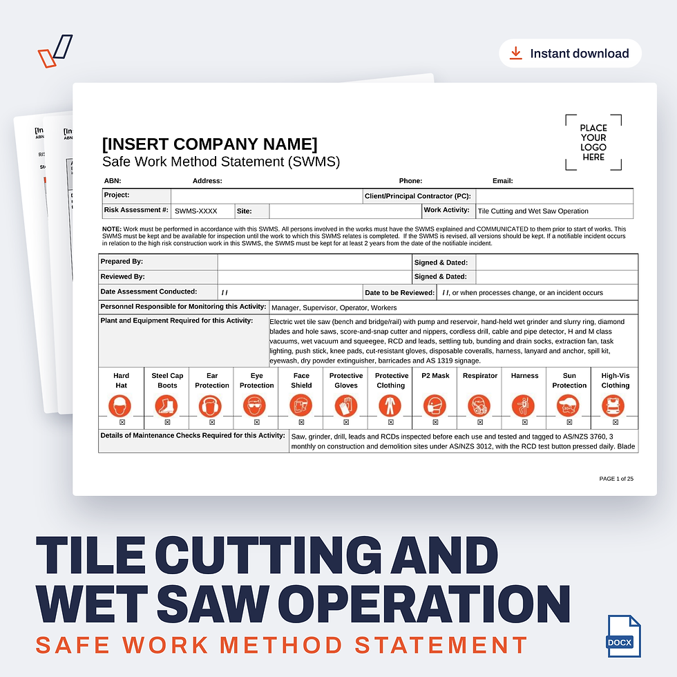 Tile Cutting and Wet Saw Operation SWMS editable Word template cover, Everything OHS