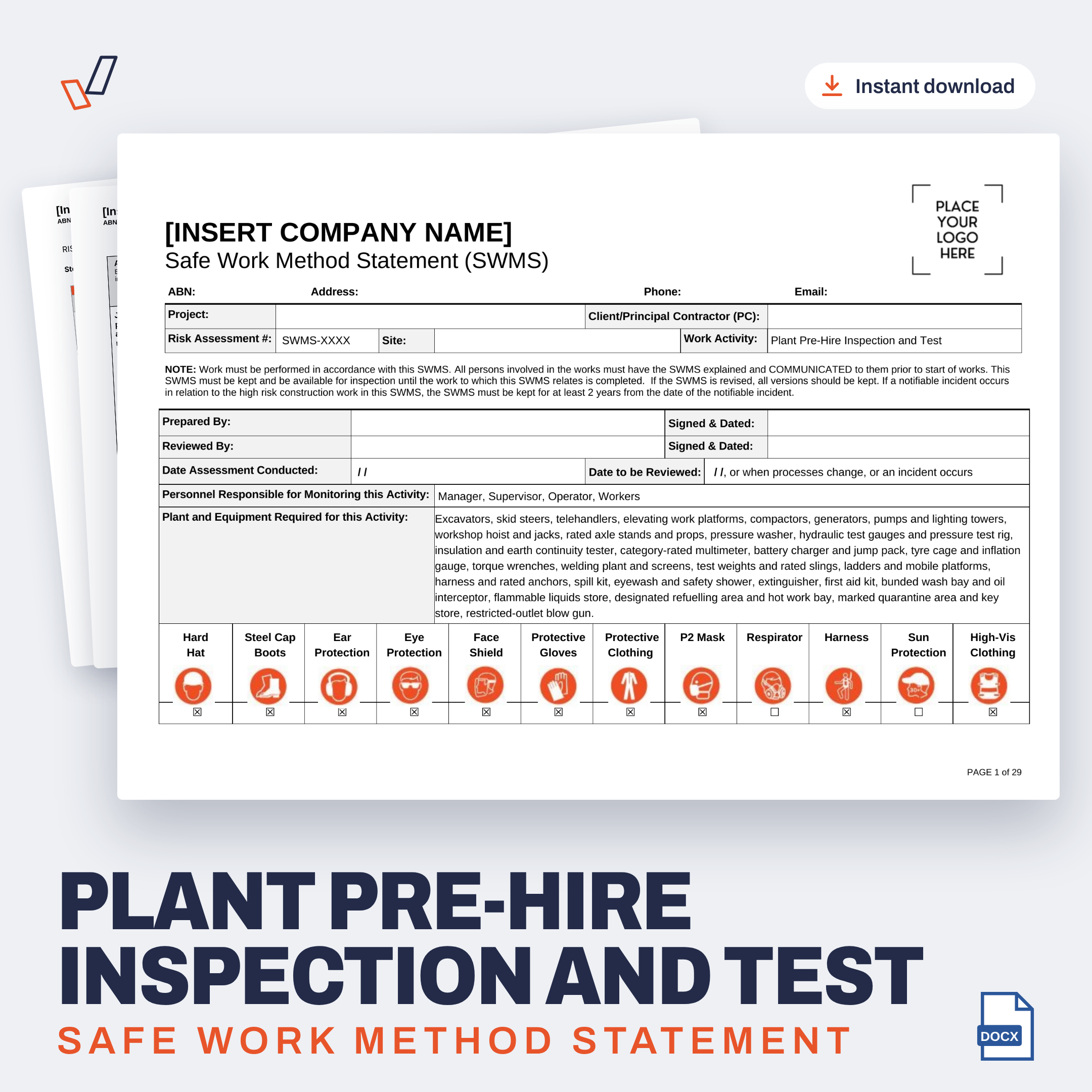Plant Pre-Hire Inspection and Test SWMS editable Word template cover, Everything OHS