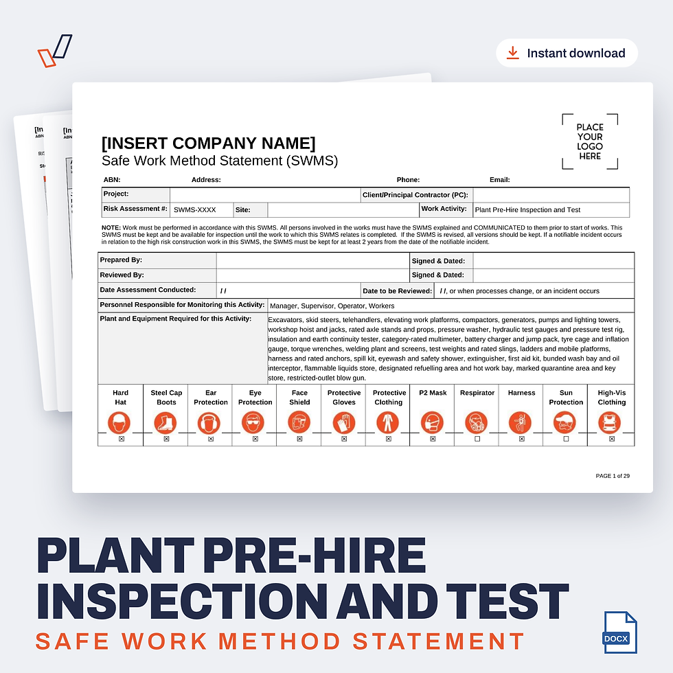 Plant Pre-Hire Inspection and Test SWMS editable Word template cover, Everything OHS
