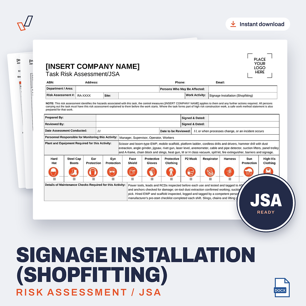 Signage Installation (Shopfitting) Risk Assessment/JSA editable Word template cover, Everything OHS