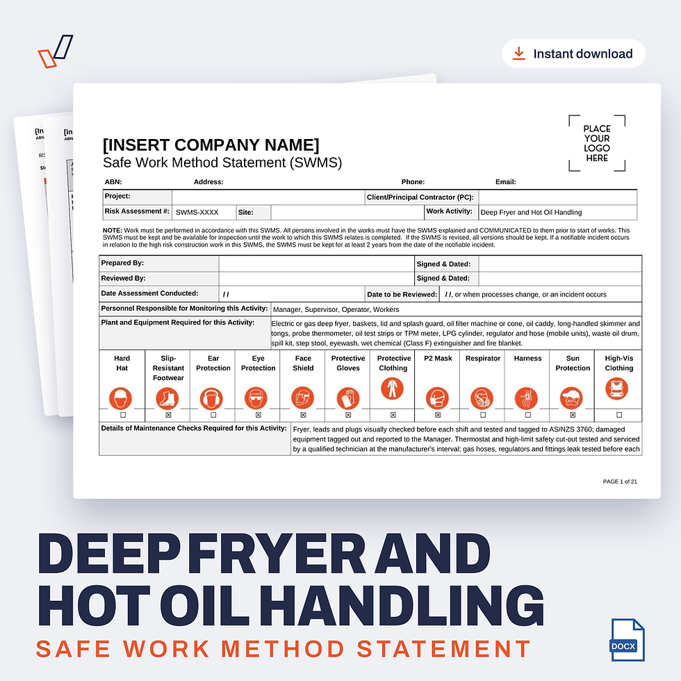 Deep Fryer and Hot Oil Handling SWMS editable Word template cover, Everything OHS