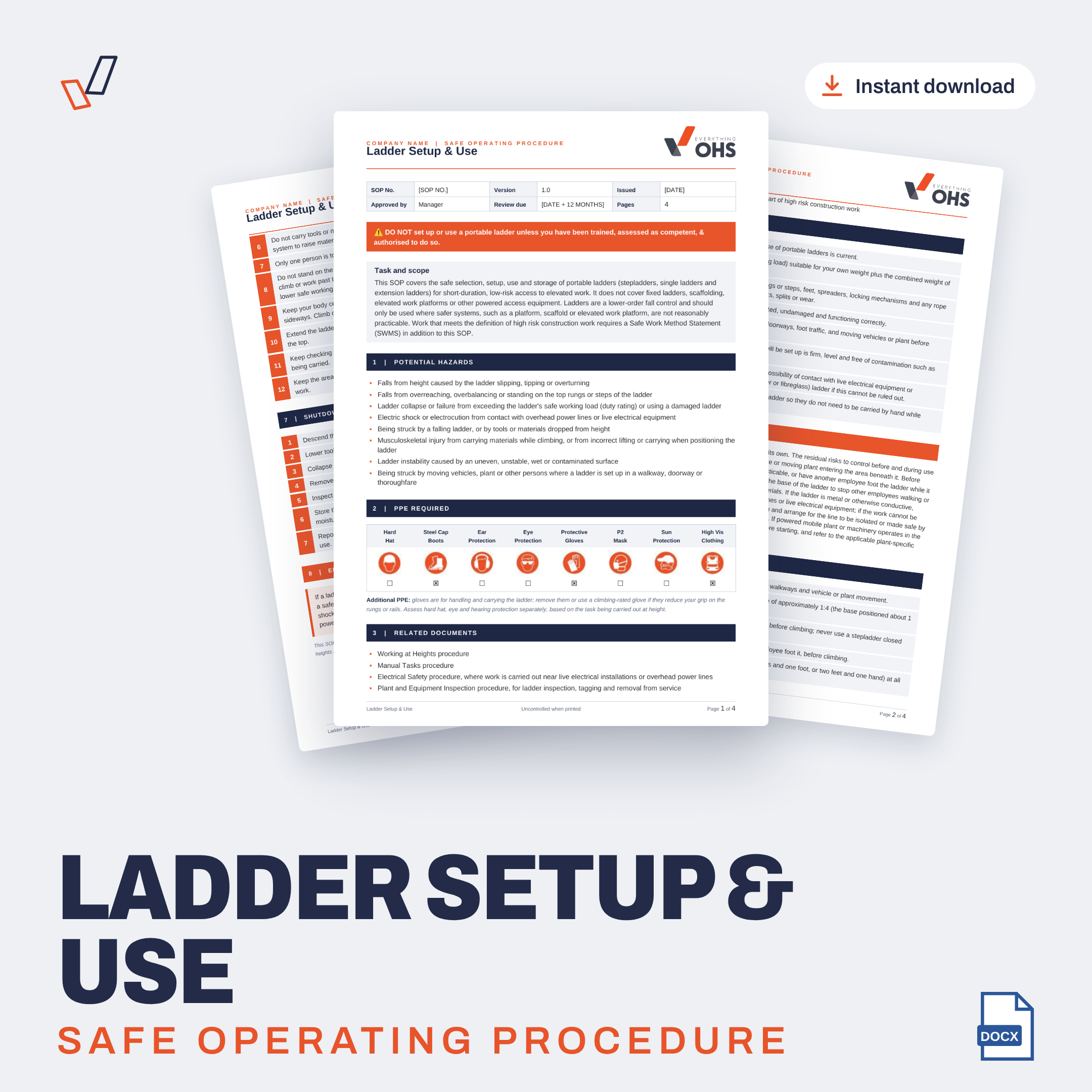 Ladder Setup & Use SOP editable Word template cover, Everything OHS