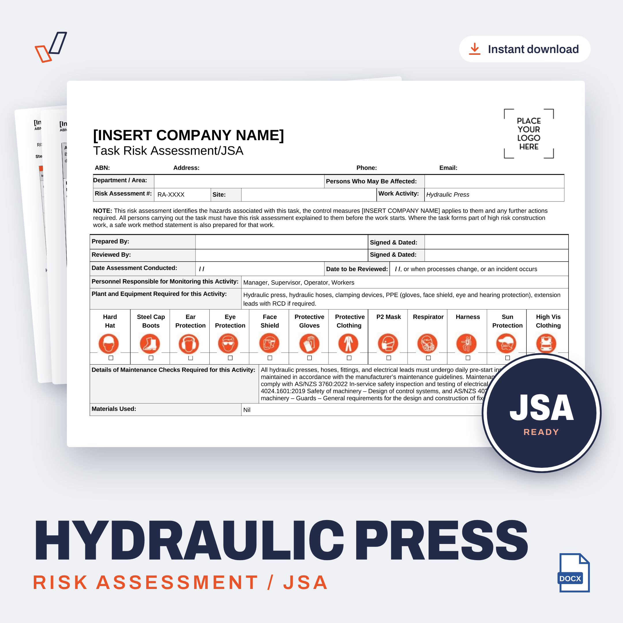 Hydraulic Press Risk Assessment/JSA editable Word template cover, Everything OHS