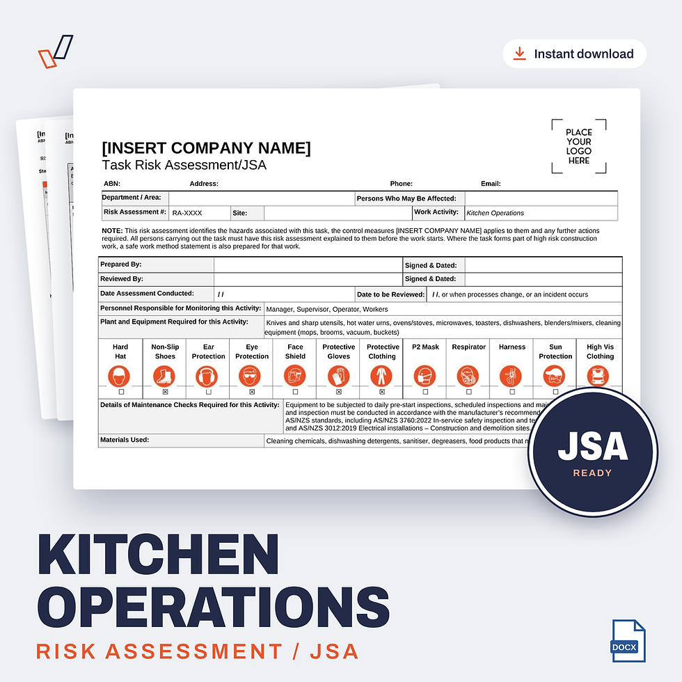 Kitchen Operations Risk Assessment/JSA editable Word template cover, Everything OHS