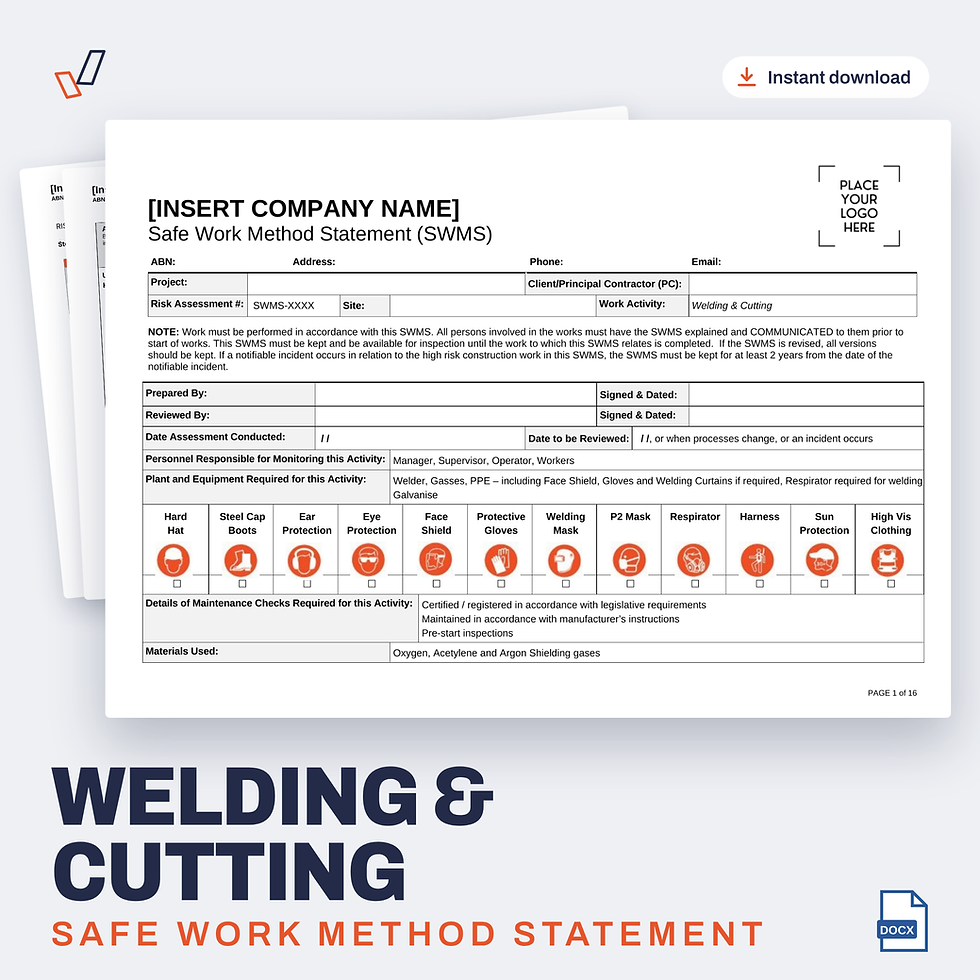 Welding & Cutting SWMS editable Word template cover, Everything OHS