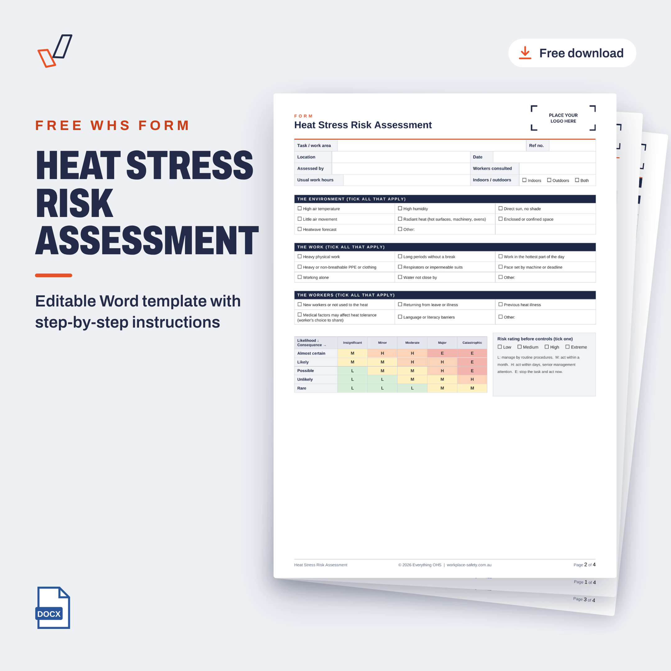 Free Heat Stress Risk Assessment template in Word, showing the first page