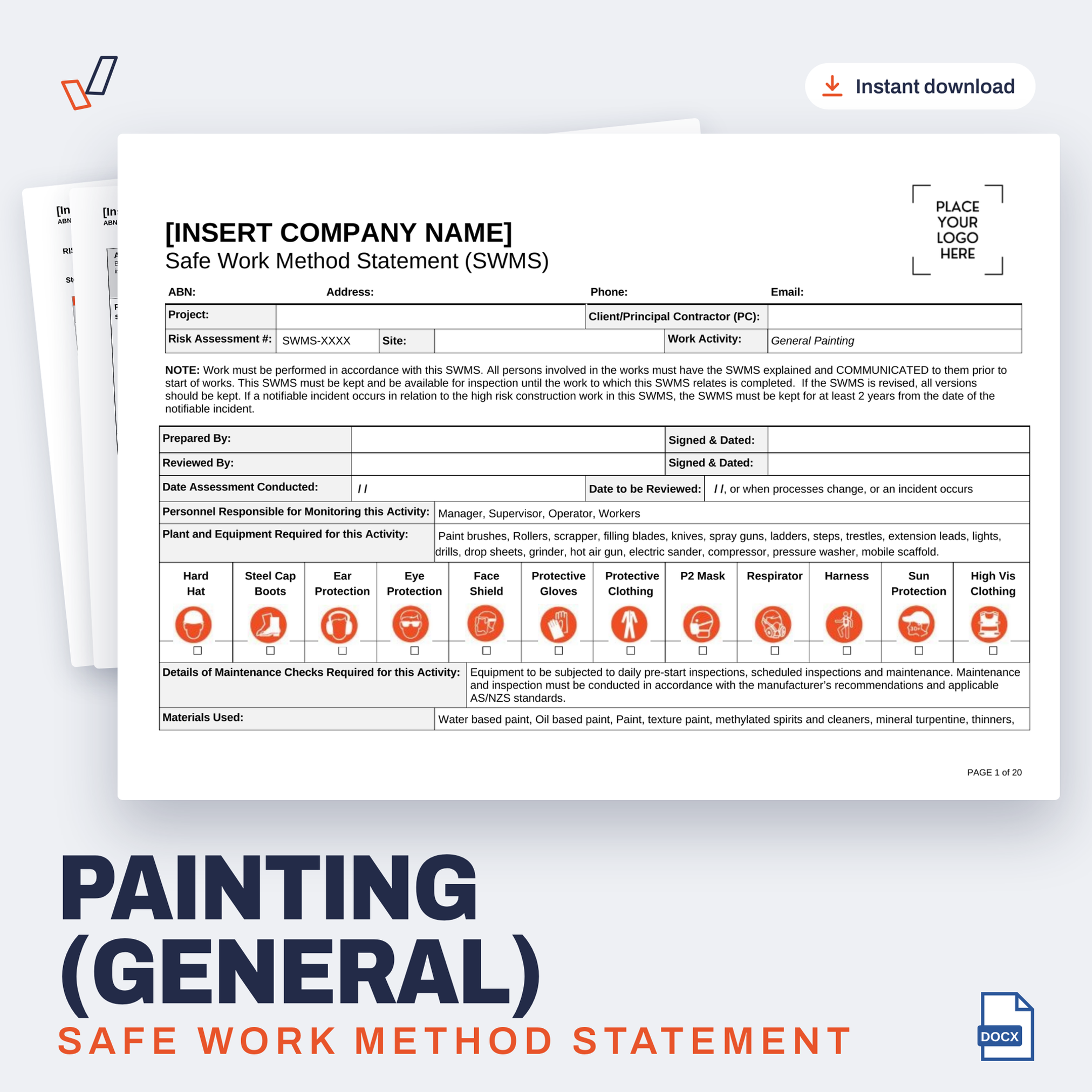 Painting (General) SWMS editable Word template cover, Everything OHS