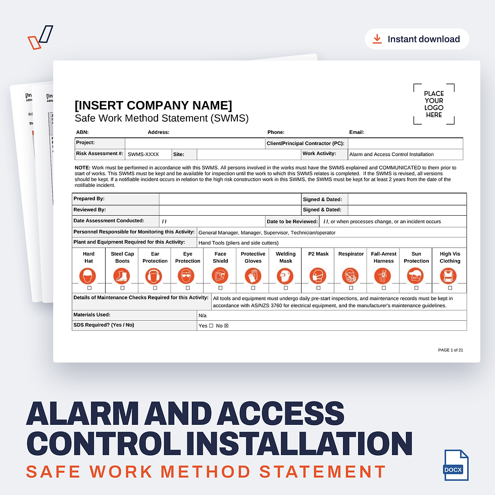 Alarm and Access Control Installation SWMS editable Word template cover, Everything OHS