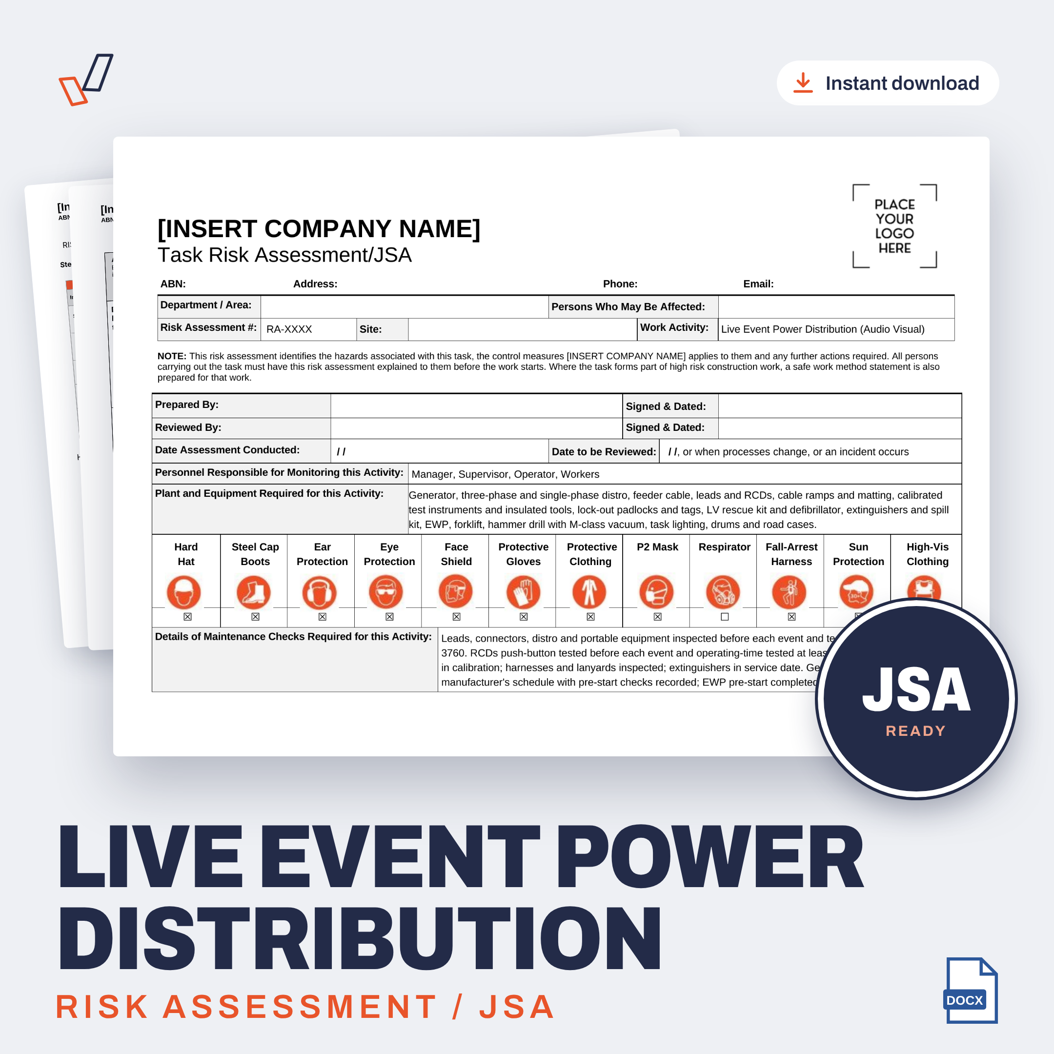 Live Event Power Distribution Risk Assessment/JSA editable Word template cover, Everything OHS