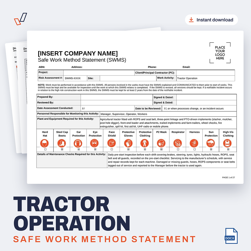 Tractor Operation SWMS editable Word template cover, Everything OHS