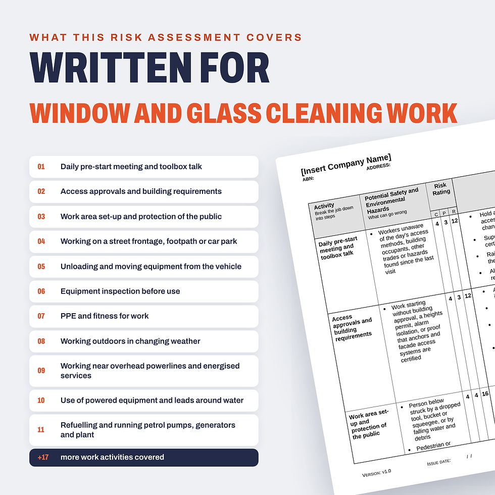 Work activities covered in the Window and Glass Cleaning Risk Assessment/JSA