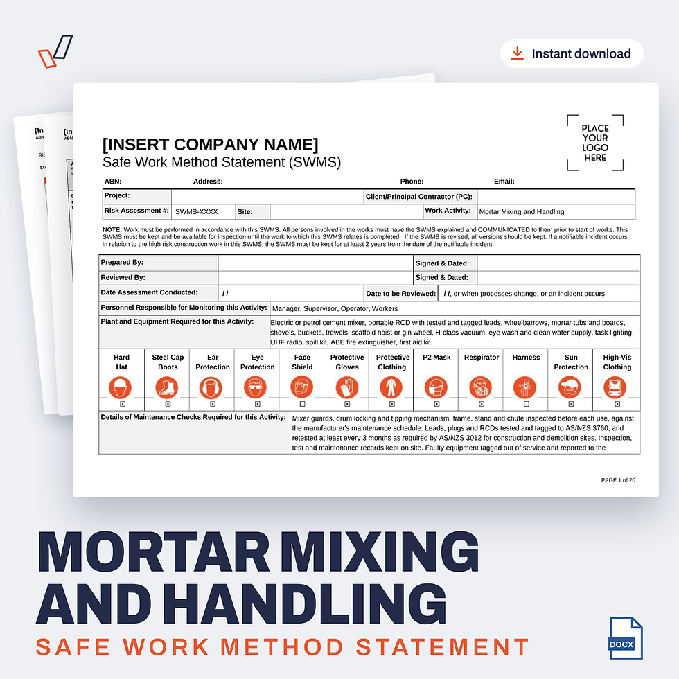 Mortar Mixing and Handling SWMS editable Word template cover, Everything OHS